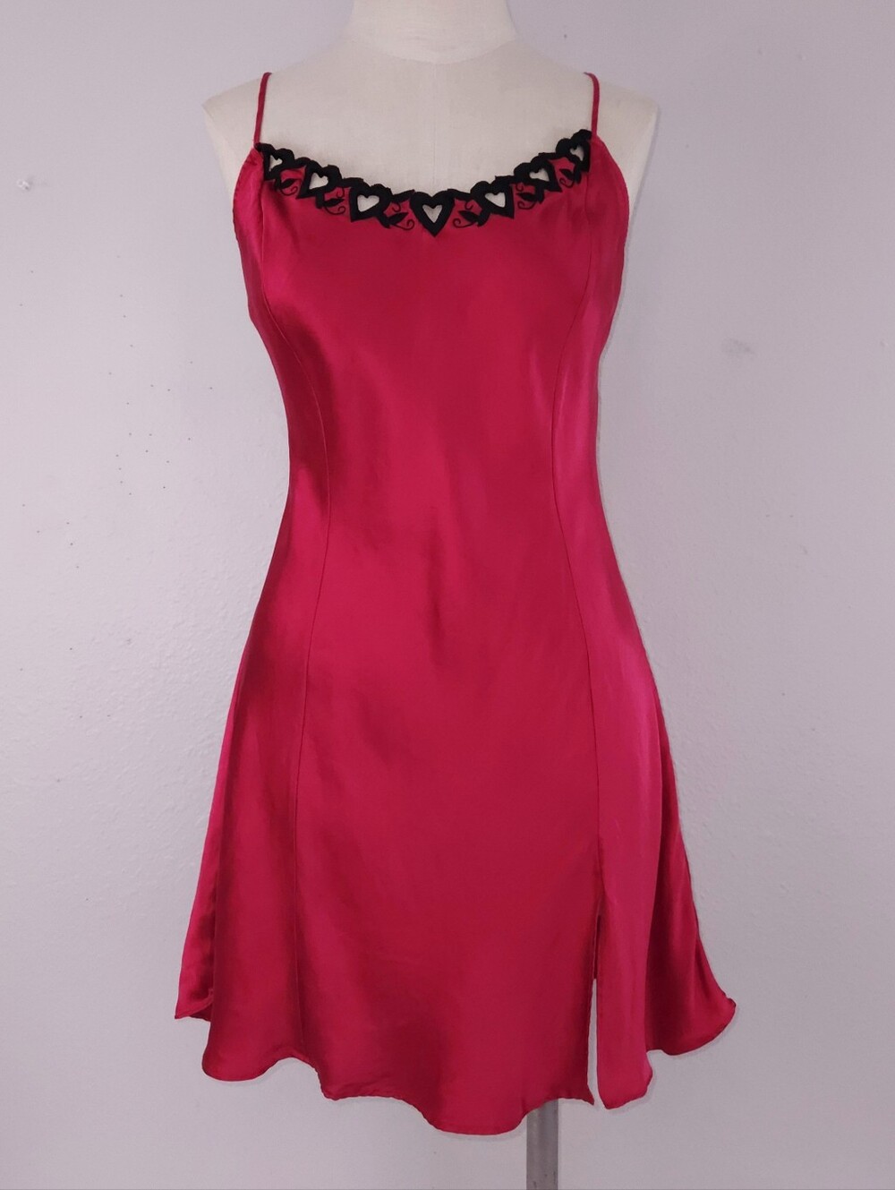 Vintage Victoria's Secret Silk Mini Slip Dress LARGE Red Black Hearts 90s